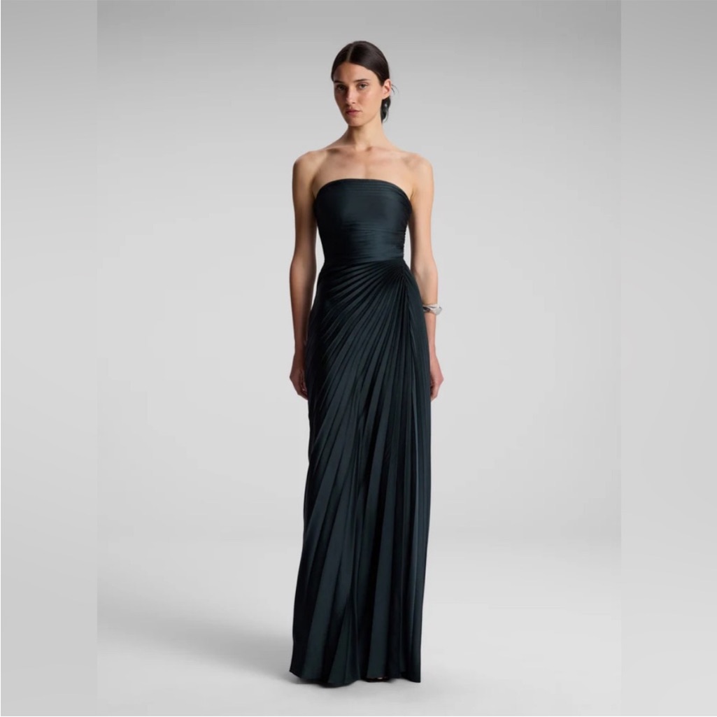 A.L.C. Bianca Strapless Pleated Maxi Dress Forest Green Petite Length